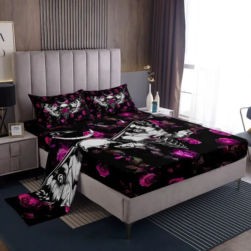Miniatura 8 de Erosebridal Sábanas de cama de guepardo con rosa roja, juego de sábanas de bolsillo profundo con estampado de leopardo y gato, sábana bajera