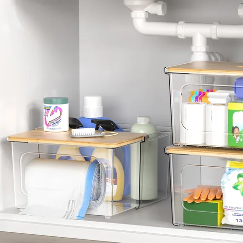 Miniatura 5 de iCASA Soporte dispensador de bolsas de basura – Organizador de acrílico 2 en 1 para debajo del fregadero, contenedor de bolsas de basura con tapa