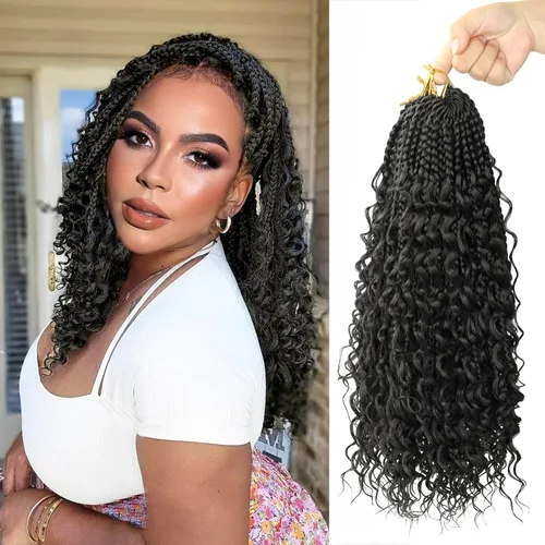 Miniatura 113 de Goddess Box Braids - Trenzas de cabello a ganchillo con extremos rizados, trenzas de caja bohemianas de 16 pulgadas, trenzas de ganchillo, 8 1B-4-30