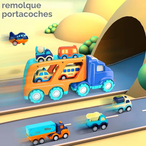 Miniatura 5 de Paquete de 9 autos de juguete para niños y niñas de 2, 3, 4, 5 años, camión de transporte grande con 8 pequeños camiones de tracción y lindos, juego