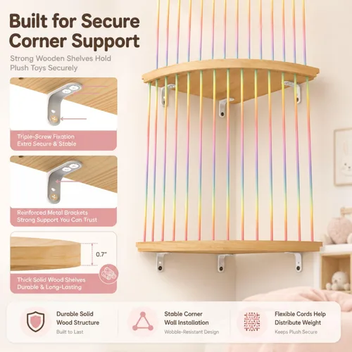 Miniatura 4 de Hamaca de Almacenamiento para Animales de Peluche, Soporte de Juguetes de Peluche de Madera, Organizador de Almacenamiento de Juguetes para Sala