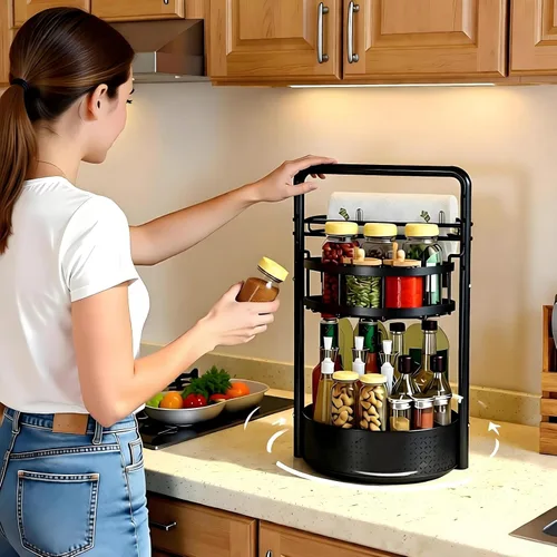 Miniatura 3 de JEESA Organizador Lazy Susan, estante giratorio de metal de 360° para especias con soporte para toallas de papel, soporte giratorio para Negro