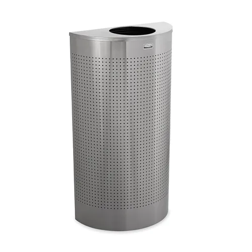 Rubbermaid Commercial Products Silhouette - Bote de basura de 12 galones, color plateado, medio redondo para interiores y exteriores, con apertura