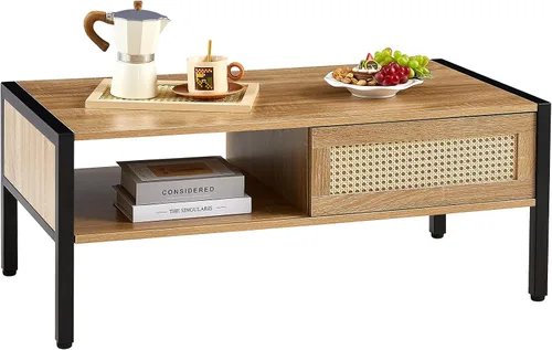 Miniatura 7 de Mesa de centro moderna de mediados de siglo con almacenamiento, mesa rectangular de madera de 40.16 pulgadas con panel de puerta deslizante de ratán