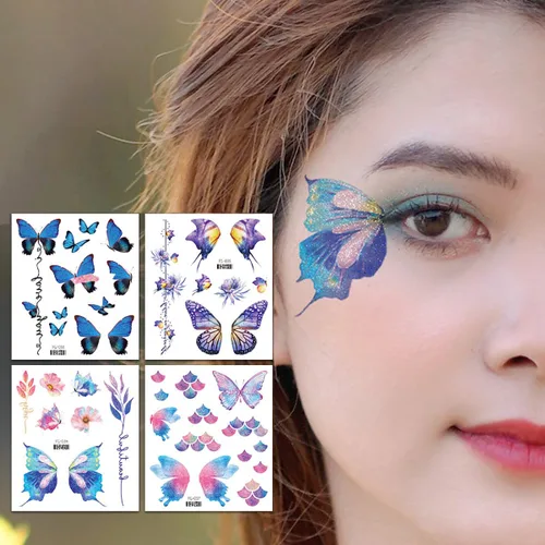Miniatura 5 de 14 hojas de tatuajes temporales de mariposa con purpurina para decoración de maquillaje de ojos, rostros, calcomanías de tatuaje de arte corporal
