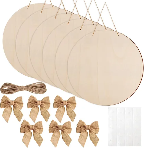 Miniatura 8 de 6 piezas de 35 centímetros de círculos de madera para manualidades, discos de madera redondos sin acabado, colgadores de puerta de madera con arcos