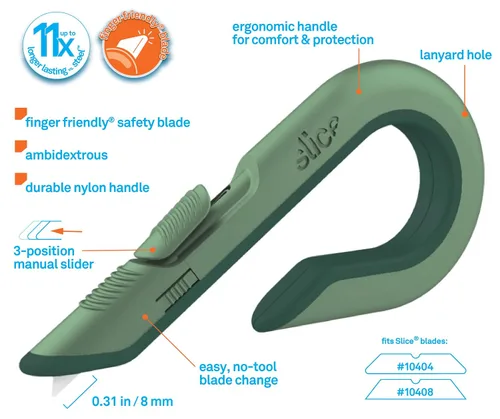 Corte de caja Slice, cuchillo utilitario de potencia industrial, cuchilla de cerámica segura que dura 11 veces más que la de metal, color salvia, 1
