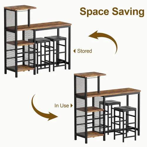 Miniatura 9 de VECELO Bar Table and Chairs Set for 2, 3-Piece Dining Set with Storage Shelves, Cup Holder & Wine Rack, PU Leather Cushion Stools, for Kitchen Small