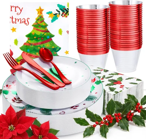 Festiva 176 Piezas Platos de Plástico de Navidad Resistentes - Juego de Vajilla Desechable de Navidad - incluye 50 Platos 25 Cubiertos de Plástico