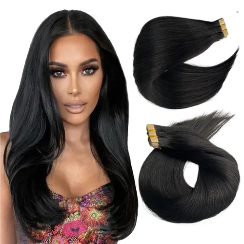 Extensiones de cabello con cinta, 22 pulgadas, extensiones de cabello humano real color negro azabache, 1.76 oz, 20 unidades, extensiones de cabello