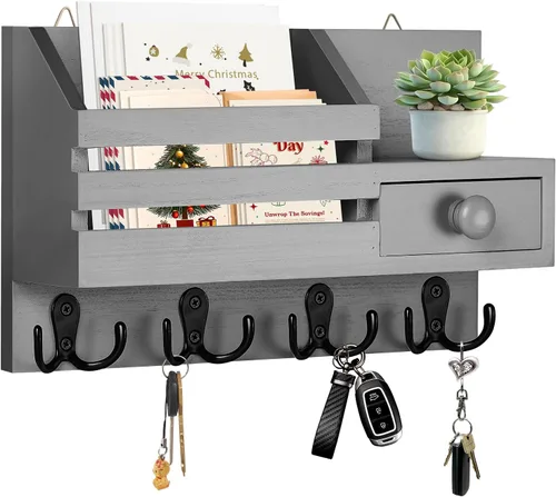 Miniatura 9 de Soporte para llaves de pared, organizador de correo adhesivo de madera y llaves con cajón, estante pequeño, 8 ganchos, 2 métodos de instalación