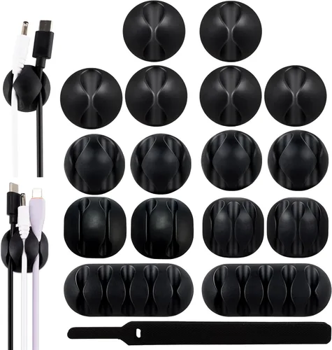 Organizador de clips adhesivos para cables, paquete de 16 soportes negros para escritorio debajo de la computadora, clips de gestión de cables