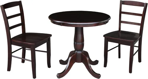 Miniatura 7 de IC INTERNATIONAL CONCEPTS Mesa de comedor redonda con pedestal de 30 pulgadas con 2 sillas Madrid con respaldo de escalera, nogal envejecido/piedra