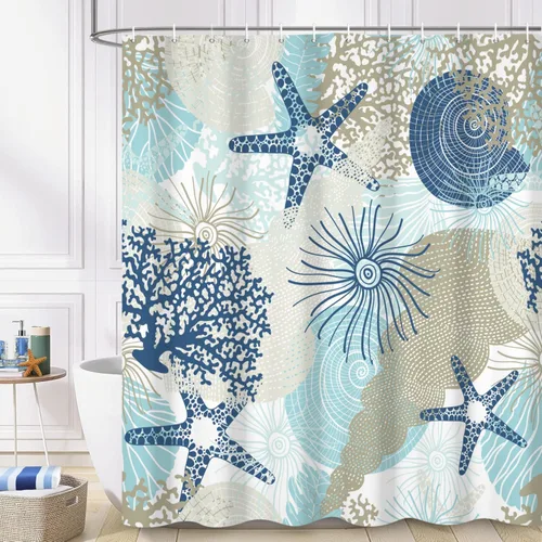 Cortina de ducha náutica costera, cortina de baño con temática de playa y océano, decoración de baño con estrella de mar, coral, concha marina, tela