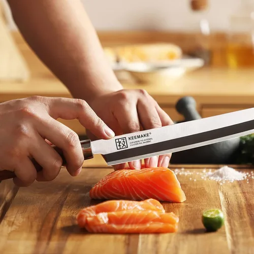 Miniatura 5 de KEEMAKE Cuchillo de sushi japonés – Cuchillo Sashimi japonés VG10 de acero inoxidable hoja biselada simple, mango de palisandro perfecto Yanagiba