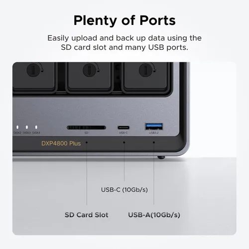 Miniatura 9 de UGREEN NAS DXP4800 Plus NAS de escritorio de 4 bahías, CPU Intel Pentium Gold 8505 de 5 núcleos, memoria RAM DDR5 de 8 GB, SSD de 128G integrado, 1