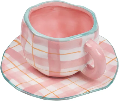 Miniatura 12 de Koythin Taza de café de cerámica, bonita taza rosa para mujer con platillo para la oficina y el hogar, apta para lavavajillas y microondas, 10