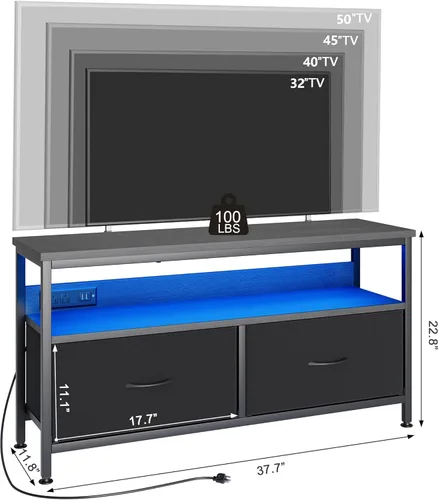 Miniatura 2 de Cómoda Soporte de TV de 39 pulgadas para televisores de hasta 50 pulgadas, consola multimedia con luces LED, estación de carga y baúl