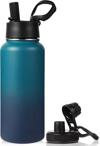 Miniatura 26 de Neihepal Botella de agua aislada de 32 onzas con 2 tapas (tapa con pajilla y boquilla), botellas de agua de doble pared de acero inoxidable 18/8