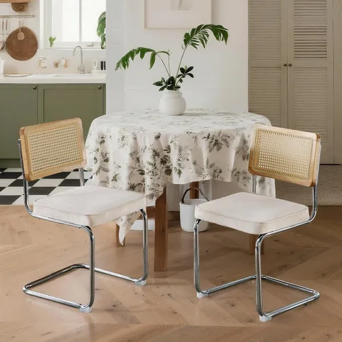 Miniatura 18 de Juego de 4 sillas de comedor de terciopelo tejidas a mano con respaldo de ratán y base cromada, silla de cocina de mediados de siglo, para comedor