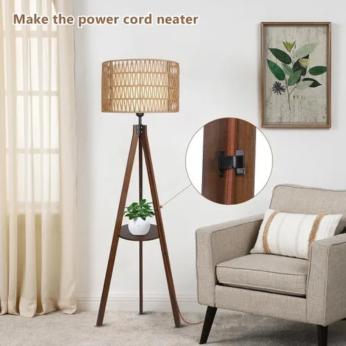 Miniatura 6 de LAMSU Lámpara de pie con trípode bohemio con estantes, lámpara de pie de madera de mediados de siglo con pantallas de ratán y tela, interruptor