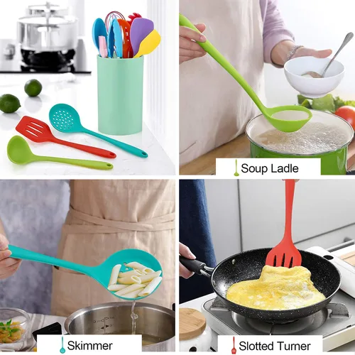 Miniatura 4 de LIANYU Utensilios de cocina de silicona de 12 piezas con soporte, juego de herramientas de cocina incluye espátula ranurada, cuchara, cucharón