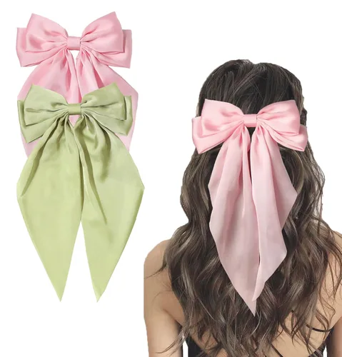 Miniatura 8 de Furling Pompoms Pinza para el Cabello Lazos para el Cabello, 2 piezas Lazos Grandes de Satén Beige/Negro para Mujeres y Niñas, Pasadores