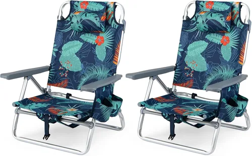 Miniatura 24 de Goplus Silla de playa, mochila plegable para adultos, sillas de playa con posiciones ajustables, almohada para la cabeza, bolsa refrigeradora