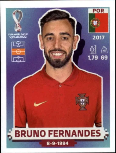 2022 Panini World Cup Soccer Sticker #POR12 Bruno Fernandes Portugal Group H Official Qatar WC Album Sticker in Raw (NM or Better) - Measuring 2