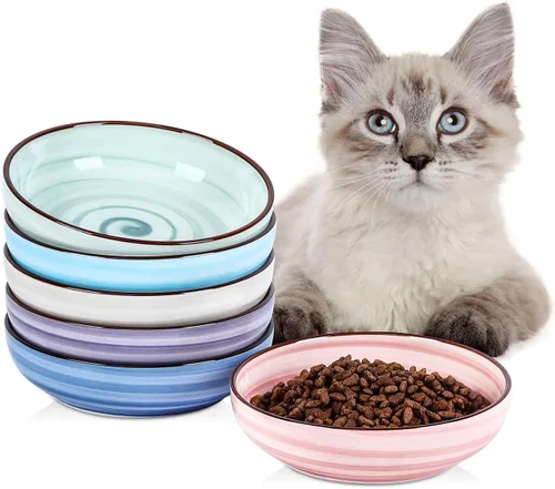Miniatura 8 de Selamica Juego de 4 cuencos de cerámica para gatos de 5.6 pulgadas de ancho, platos poco profundos para comida y agua, varios