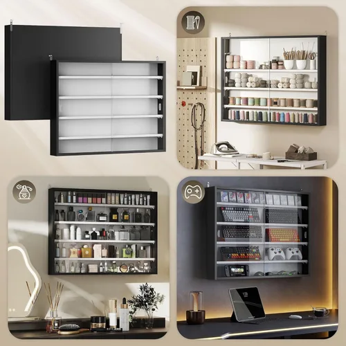 Miniatura 7 de HOMCOM Vitrina de 5 niveles, armario de puerta de vidrio con estantes ajustables, vitrina de pared para sala de juegos, dormitorio, blanco y negro