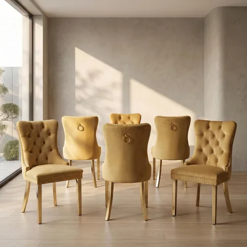 Miniatura 35 de Juego de 2 sillas de comedor de terciopelo, sillas de comedor copetudas de mediados de siglo con anillo trasero de cabeza de clavo, patas de metal