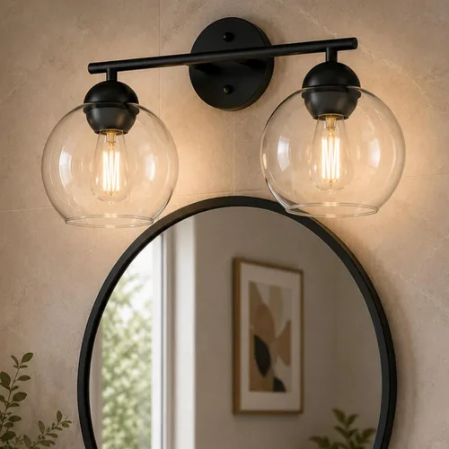 Emak Lámpara de baño negra de 2 luces sobre el espejo, luces de tocador de baño con pantalla de vidrio transparente, VL114-BKL-2