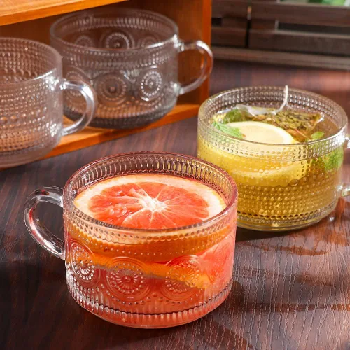 Miniatura 3 de Juego de 4 tazas de café de vidrio vintage, tazas de café de vidrio en relieve de 14 onzas para cereales, yogur, latte, tazas de desayuno