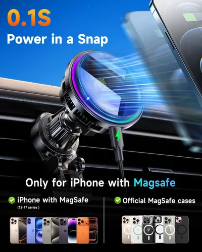 Miniatura 8 de Para Qi2 Cargador de Montaje de Coche MagSafe de 15W con Luz RGB, Soporte Magnético Inalámbrico de Enfriamiento por Hielo para Teléfono, Carga