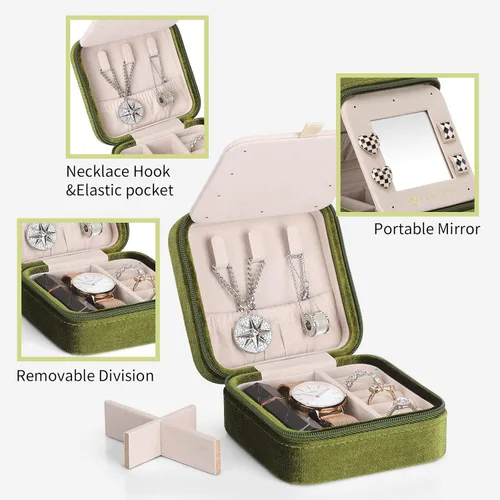 Miniatura 8 de Vlando Joyero de viaje y organizador, pequeñas cajas organizadoras de joyas para niñas, espejo de terciopelo para aretes, collares, anillos