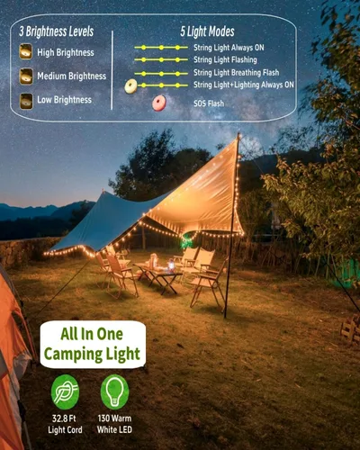 Miniatura 4 de Luces de tira para acampar solares, tira de luz de hadas de 32.8 pies, lámpara de campamento impermeable portátil 4 en 1 con 8 modos de iluminación