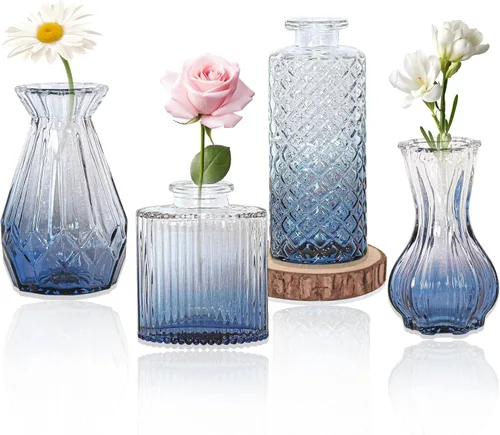 Miniatura 17 de Juego de 4 jarrones de cristal para brotes, pequeños jarrones de flores transparentes vintage como centros de mesa para mesa a granel, lindos mini