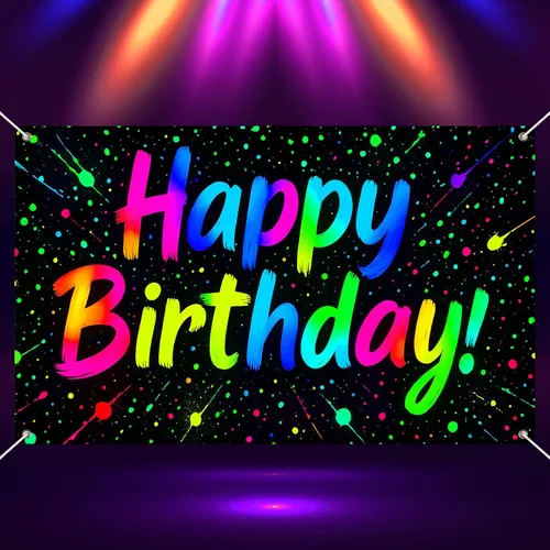 Miniatura 10 de HOMETITUTE Cartel de feliz cumpleaños de 71 x 43 pulgadas con luz negra fluorescente para decoración de fondo de fiesta, controlador de juego azul