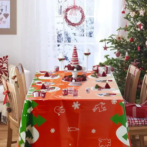 Miniatura 4 de Mantel de Navidad desechable, mantel de plástico para Navidad, color rojo, verde, blanco, mantel de árbol de renos y copos de nieve para decoración