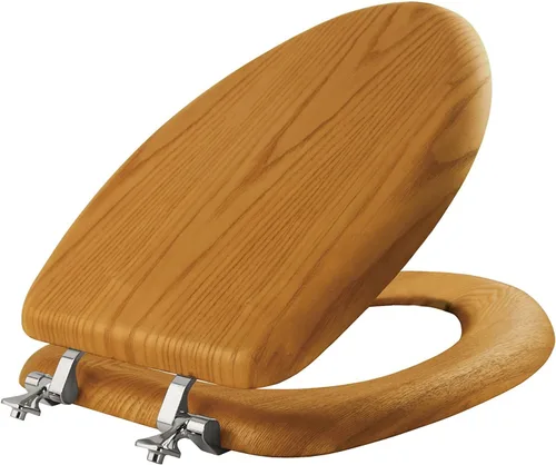 Mayfair - Asiento de inodoro de chapa de roble natural con bisagras cromadas, alargado, madera