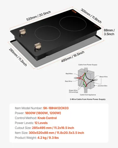 Miniatura 8 de VEVOR Placa de inducción, quemador eléctrico de encimera de 1800 W, estufa de control de perilla de 2 quemadores, estufa de inducción integrada