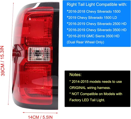 Miniatura 2 de MOCW Conjunto de luz trasera izquierda para el conductor compatible con Chevrolet Silverado 1500 2500 HD 3500HD 2014-2018, para GMC Sierra 3500 HD