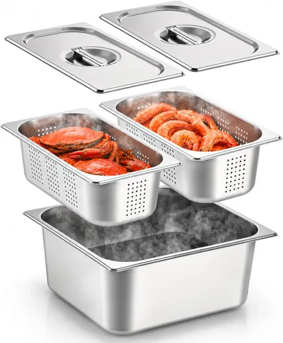 Miniatura 8 de Ferraycle Paquete de 3 bandejas de hotel de tamaño medio de 2.6 pulgadas, 4 pulgadas con tapa, bandeja de mesa de vapor perforada, suministros