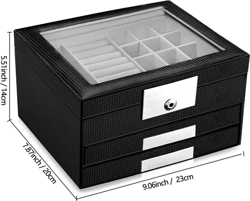 Miniatura 7 de Oyydecor Joyero con tapa de cristal organizador de joyas de piel sintética de 3 niveles con 2 cajones estuche de joyería portátil grande