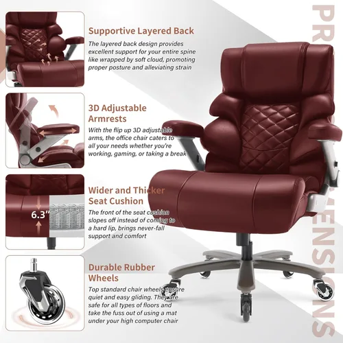 Miniatura 6 de VUZI Silla de oficina grande y alta de 700 libras - Silla grande para computadora con soporte lumbar ajustable, brazos plegables 3D, ruedas