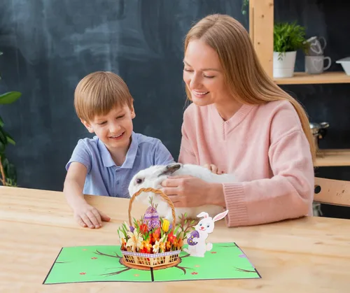 Miniatura 4 de D4DREAM Tarjeta desplegable de Pascua con sobre, 6 x 8 pulgadas, cesta de huevos de Pascua 3D, tarjeta de felicitación de conejo, ramo de flores