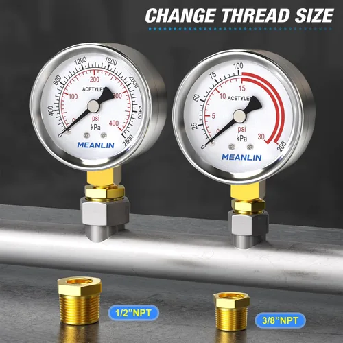 Miniatura 3 de MEANLIN MEASURE Manómetros de baja y alta presión para regulador de acetileno 1/4" NPT 2.5" Dial de cara, 30 Psi y 400 Psi Calibres de repuesto