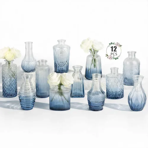 Paquete de 12 jarrones de flores azules BEAHOT para decoración de boda, jarrón de cristal para decoración de mesa, jarrón pequeño para el hogar, día