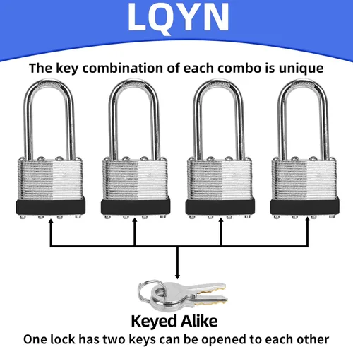 Miniatura 3 de Candado con misma llave, LQYN 6 piezas de candado laminado con llave (1-9/16", 40mm), candados con llave similar, grillete largo, para casillero